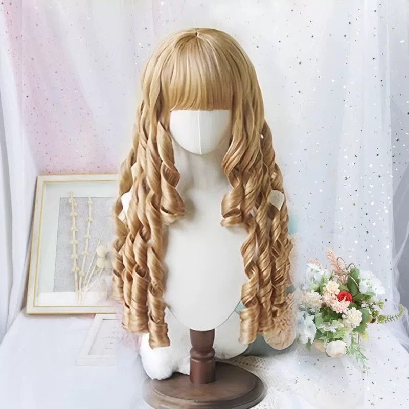 Curly blonde wig on mannequin stand