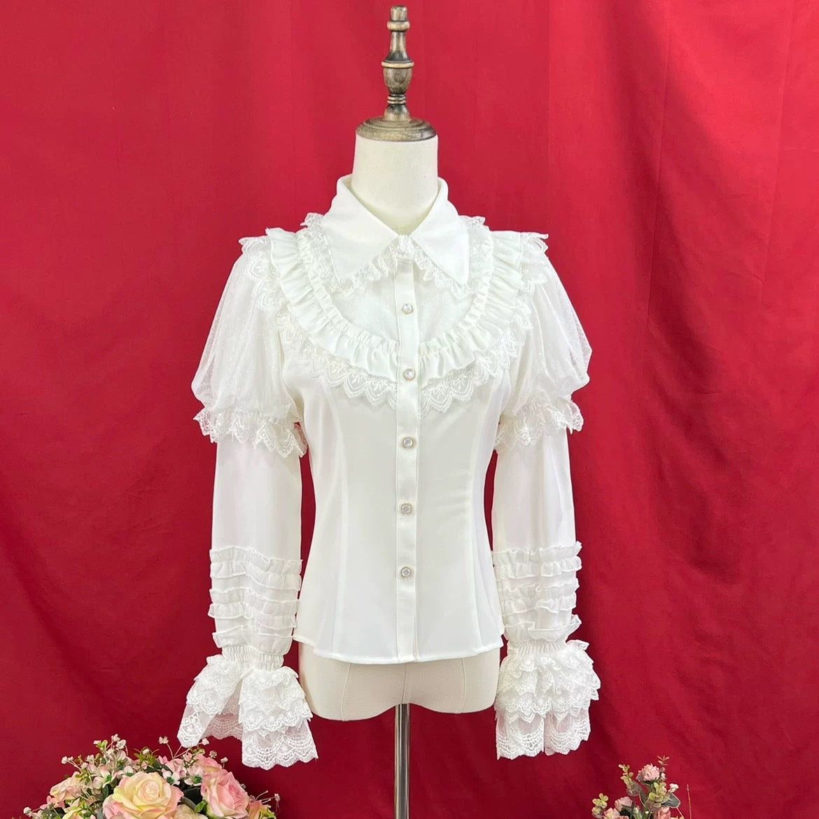 Romantic Ruffle Lace Blouse with Long Sleeves