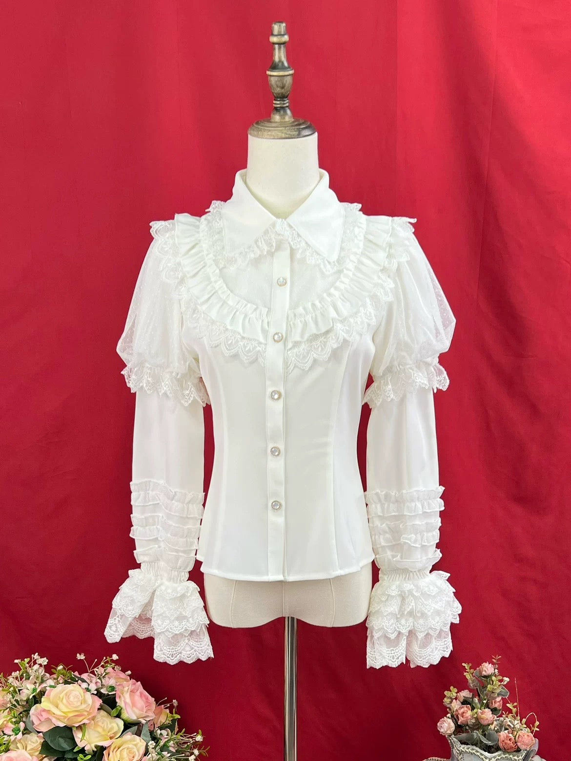 Romantic Ruffle Lace Blouse with Long Sleeves