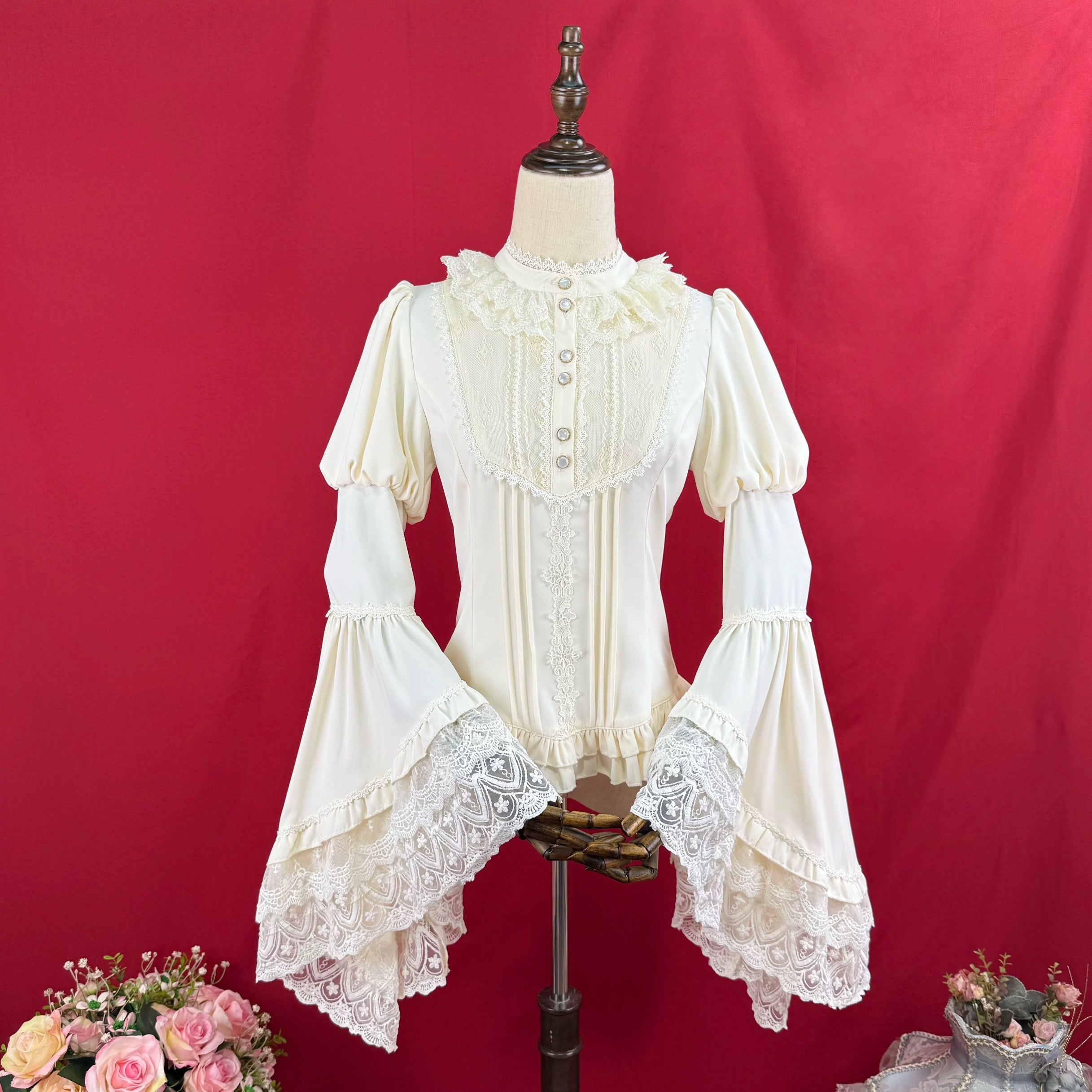 Victorian Bell Sleeve Lace Blouse Gothic Black & White