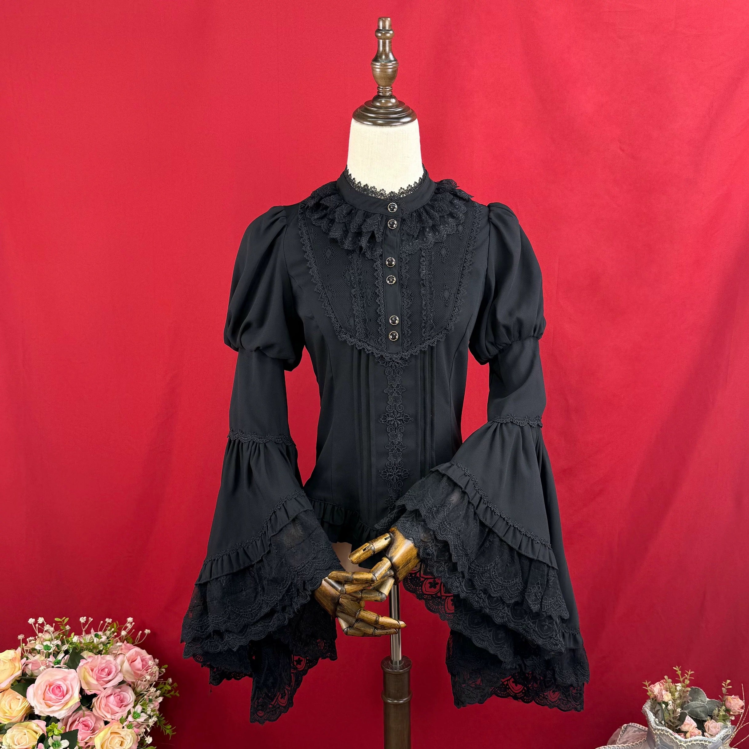 Victorian Bell Sleeve Lace Blouse Gothic Black & White