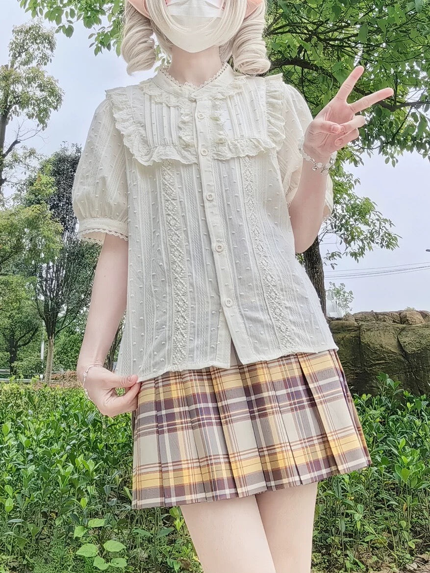 Classic Floral Pintuck Puff Blouse in Black, White and Ivory