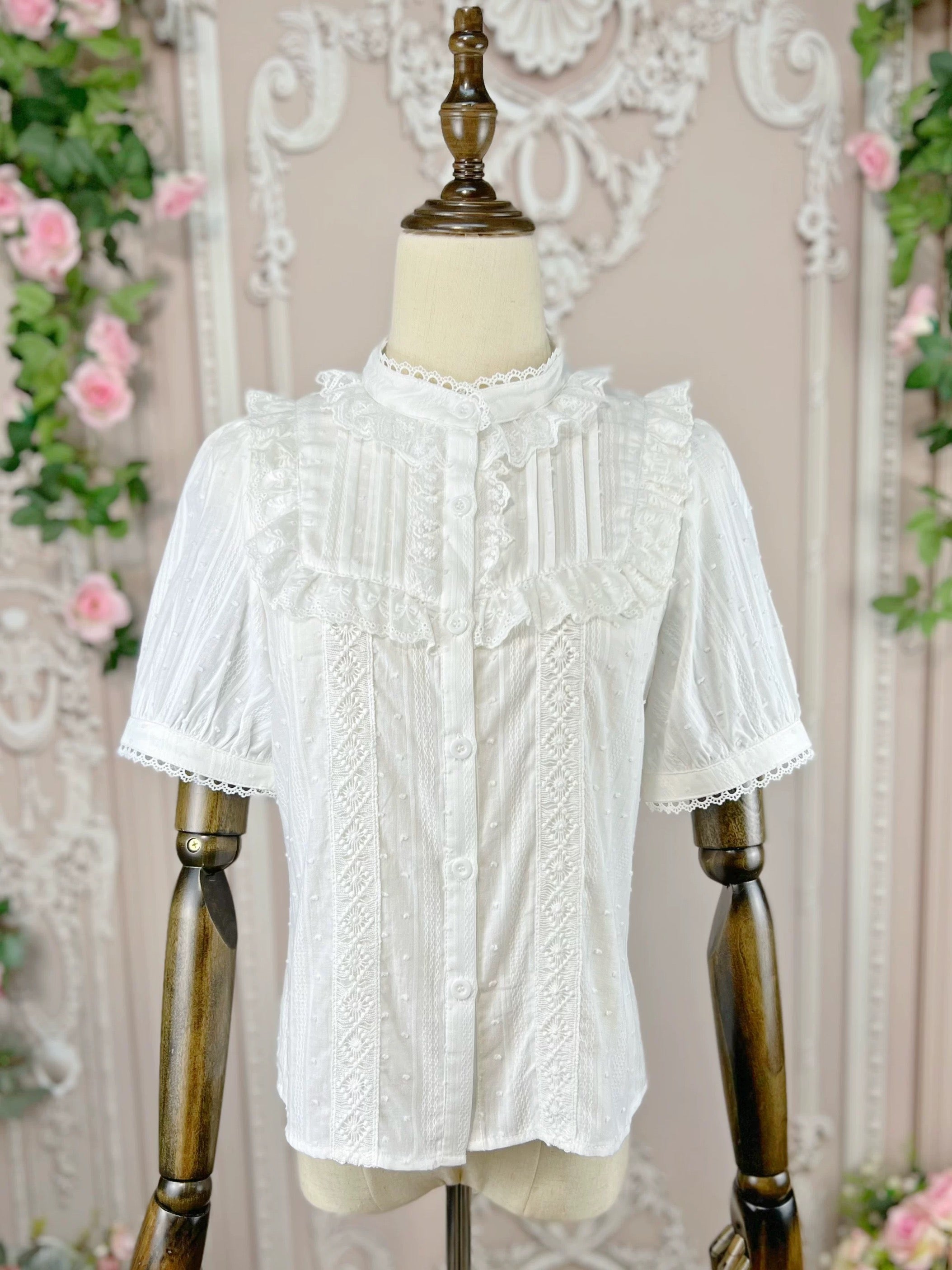 Classic Floral Pintuck Puff Blouse in Black, White and Ivory