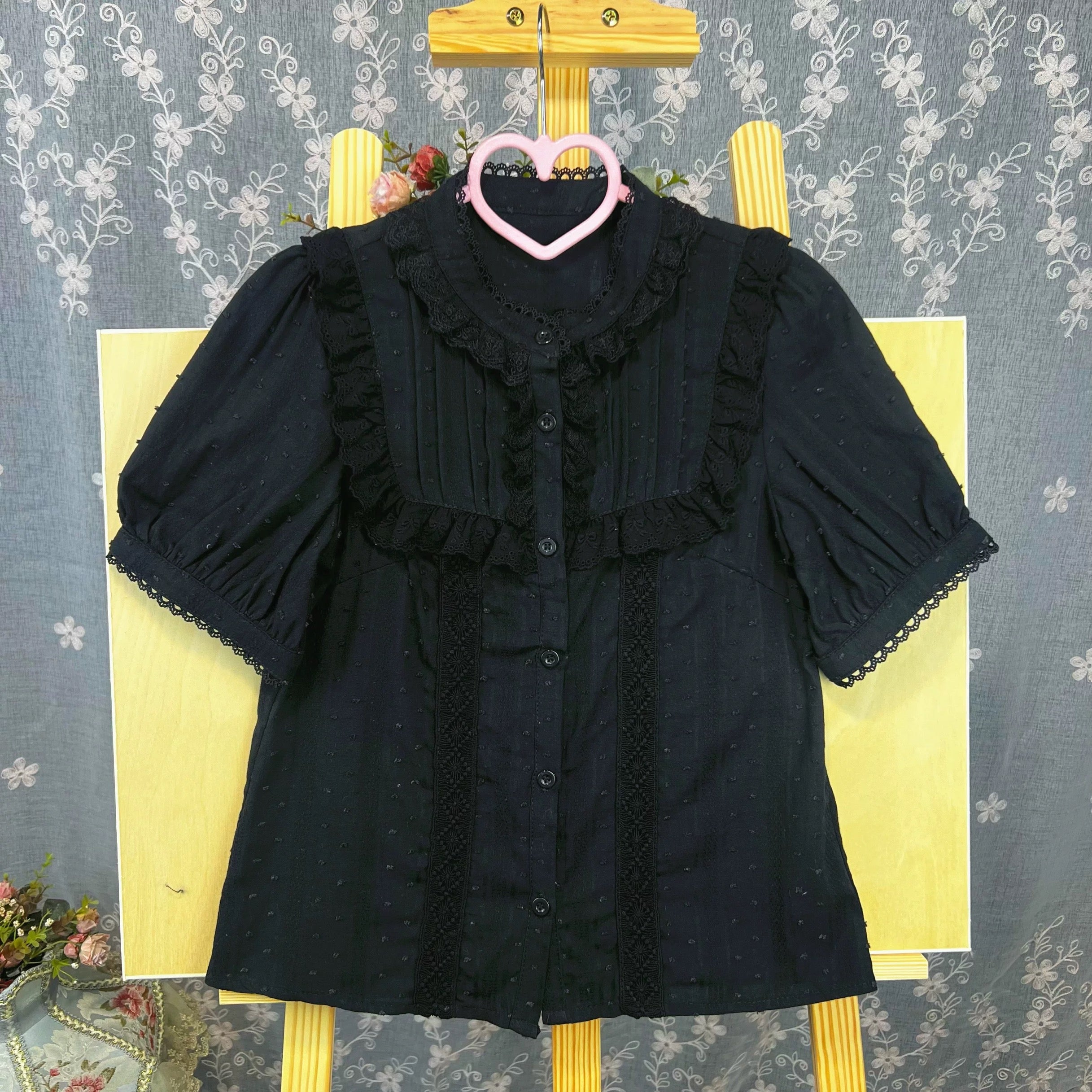 Classic Floral Pintuck Puff Blouse in Black, White and Ivory