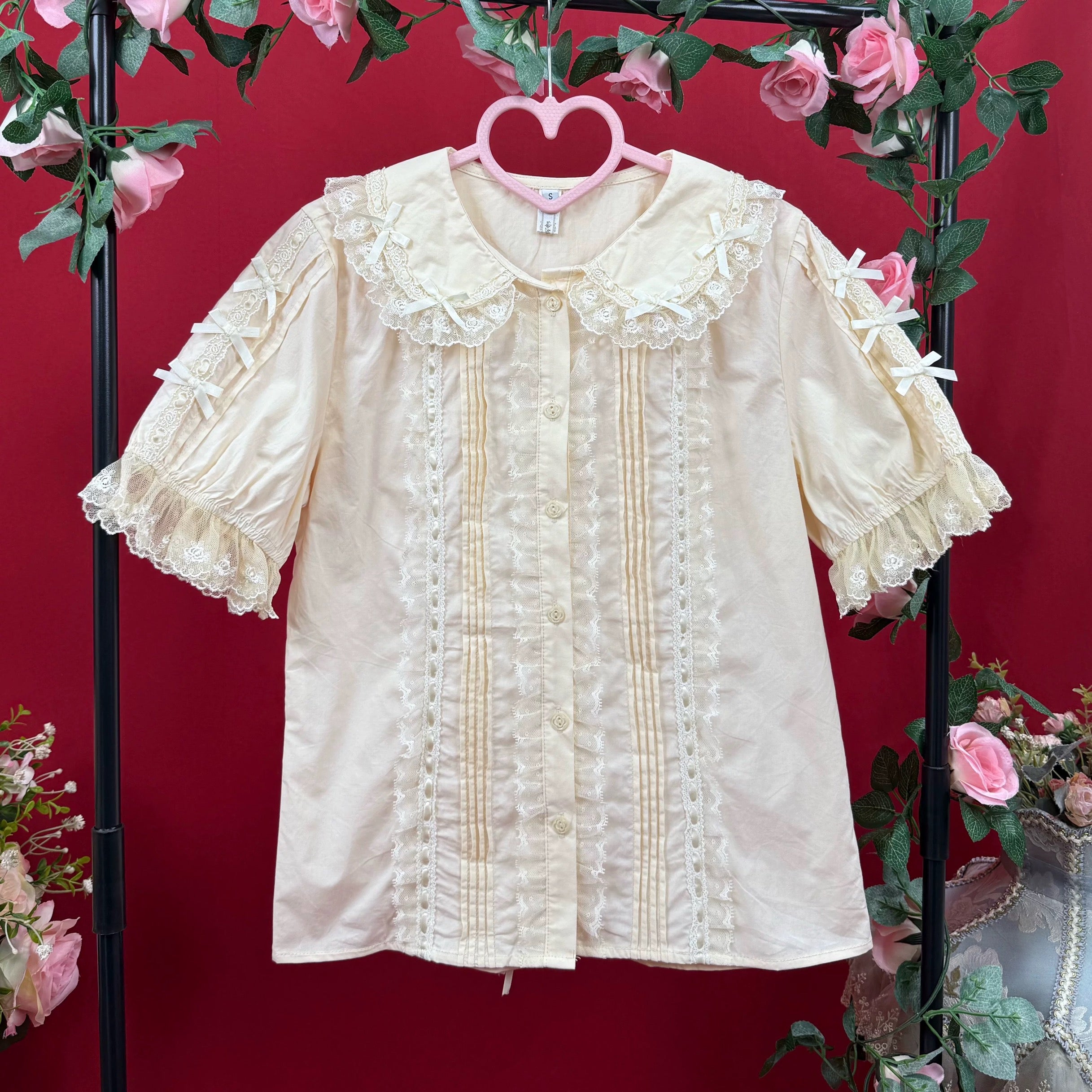 Sweet Lace Bow Puff Sleeve Lolita Blouse Pink, Blue, Beige and White