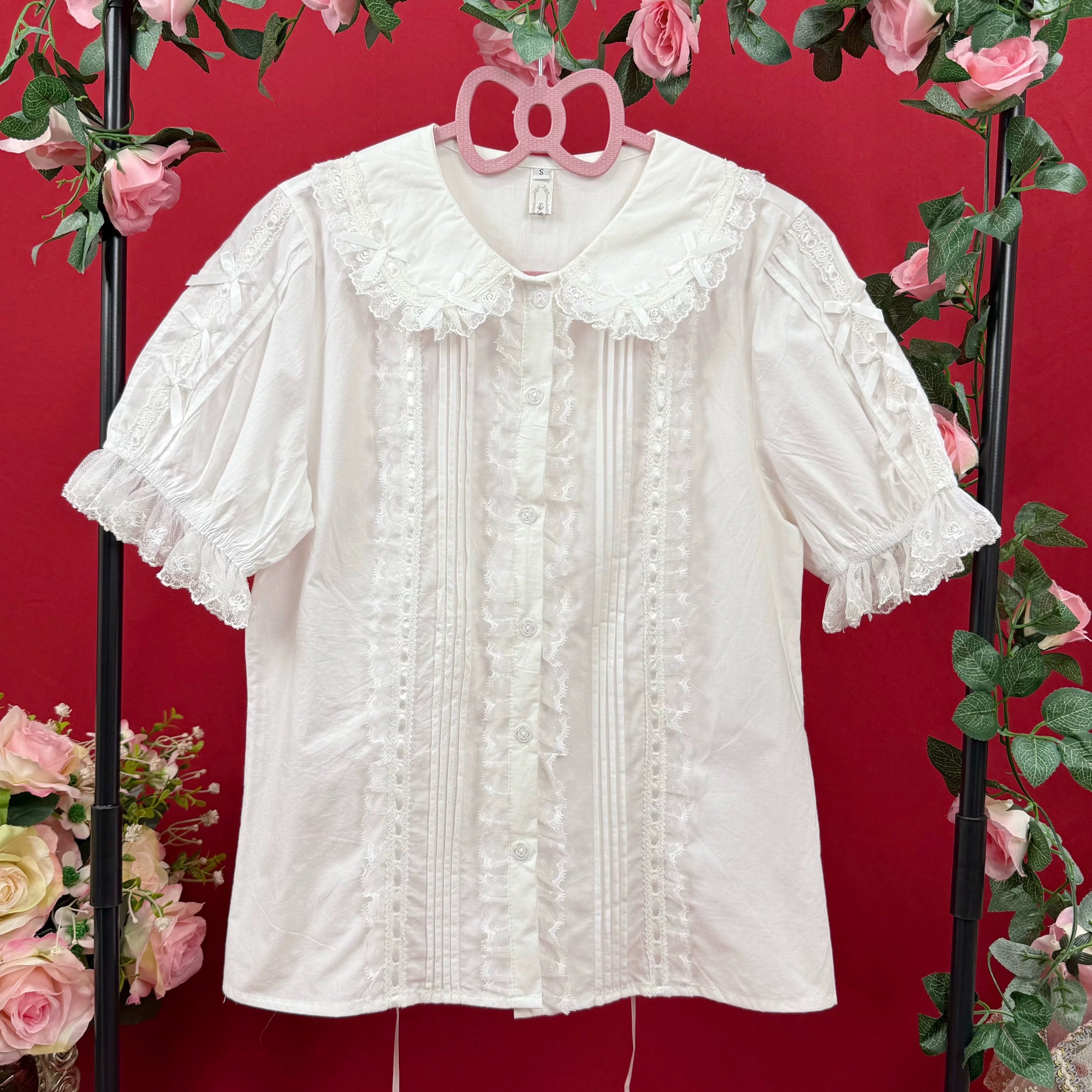 Sweet Lace Bow Puff Sleeve Lolita Blouse Pink, Blue, Beige and White