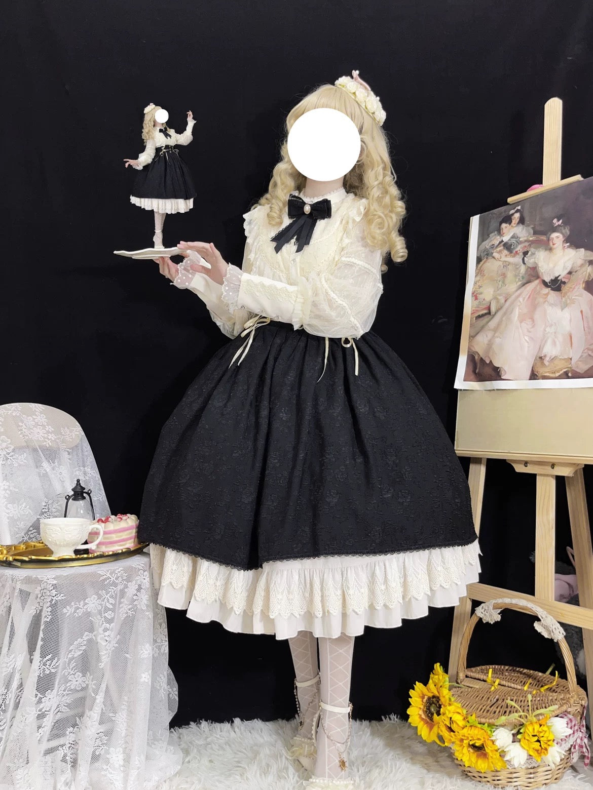 Victorian Ruffle Lace Yoke Blouse Black & White