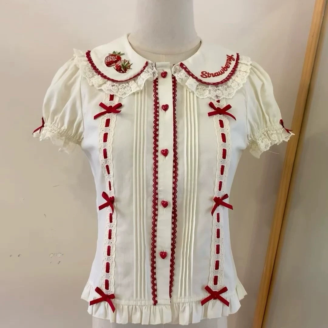 Strawberry Embroidered Puff Sleeve Blouse