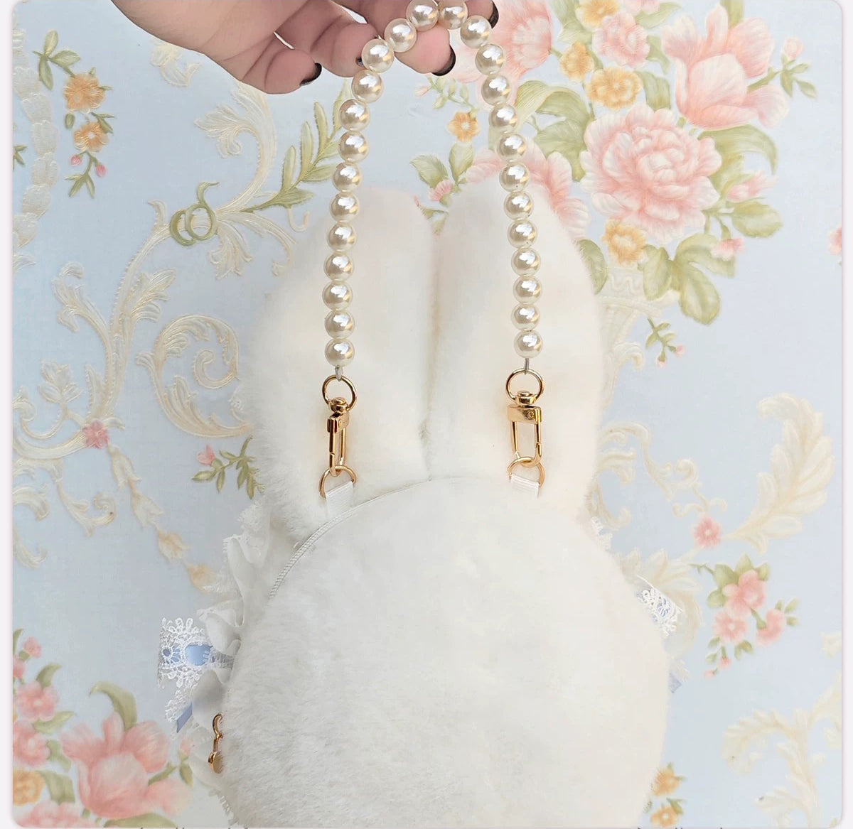 Back view of Plush Bunny Bag with pearl strap