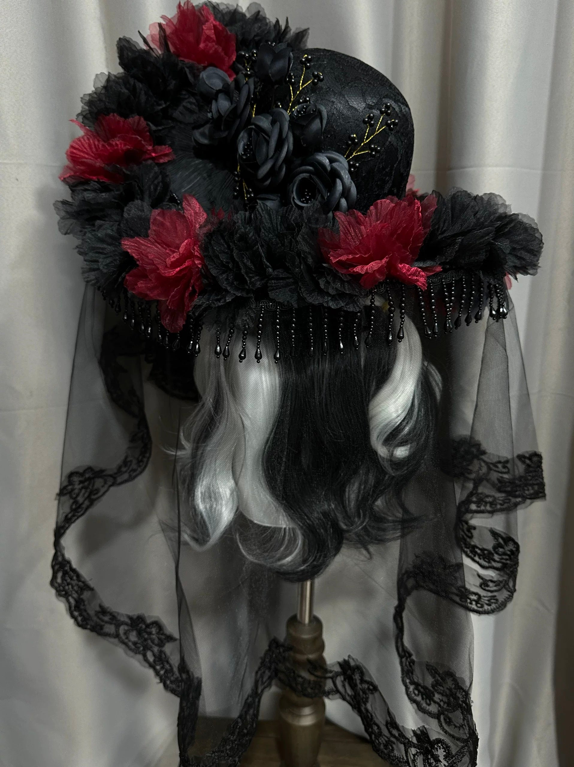 Crimson Noir Rose Veil Hat