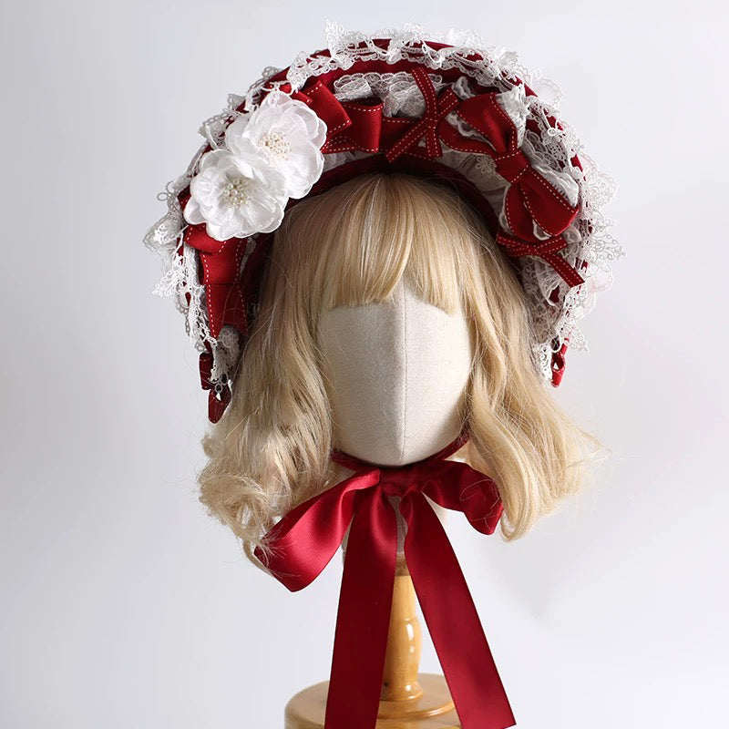 Crimson Rose Lace Bonnet