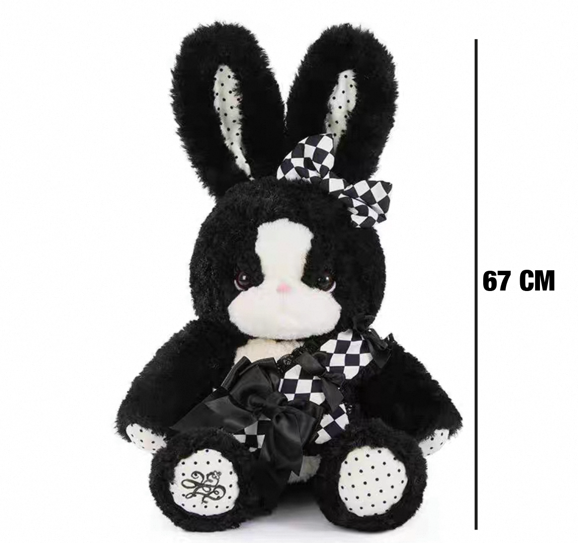 Black plush bunny with checkered bows and its height is 67 cm
