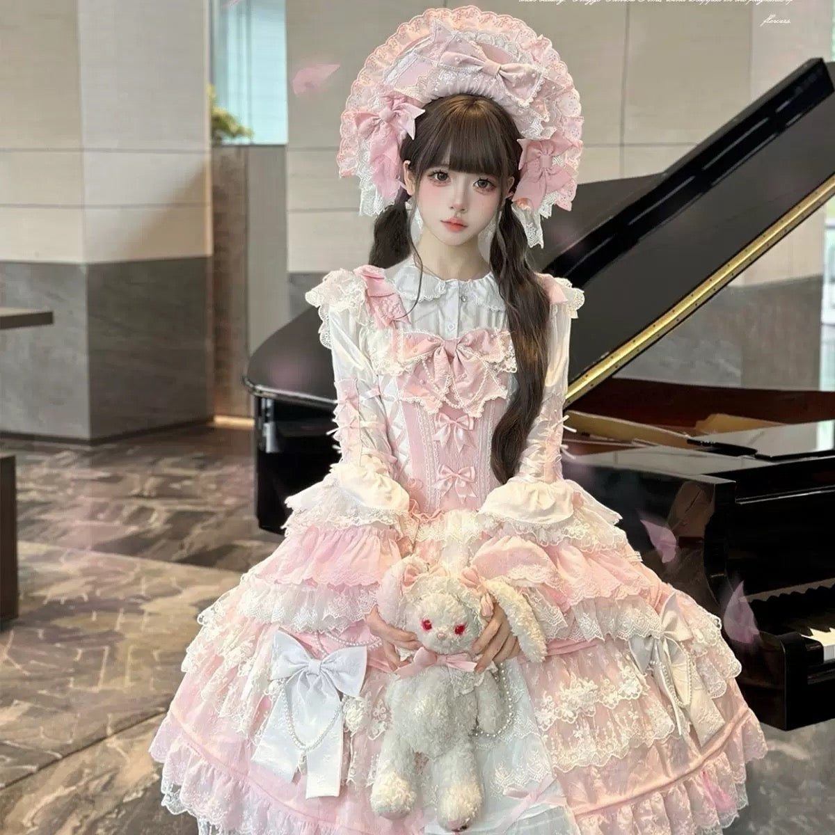 Elegant Pink Lolita Dress with White Blouse & Matching Bonnet