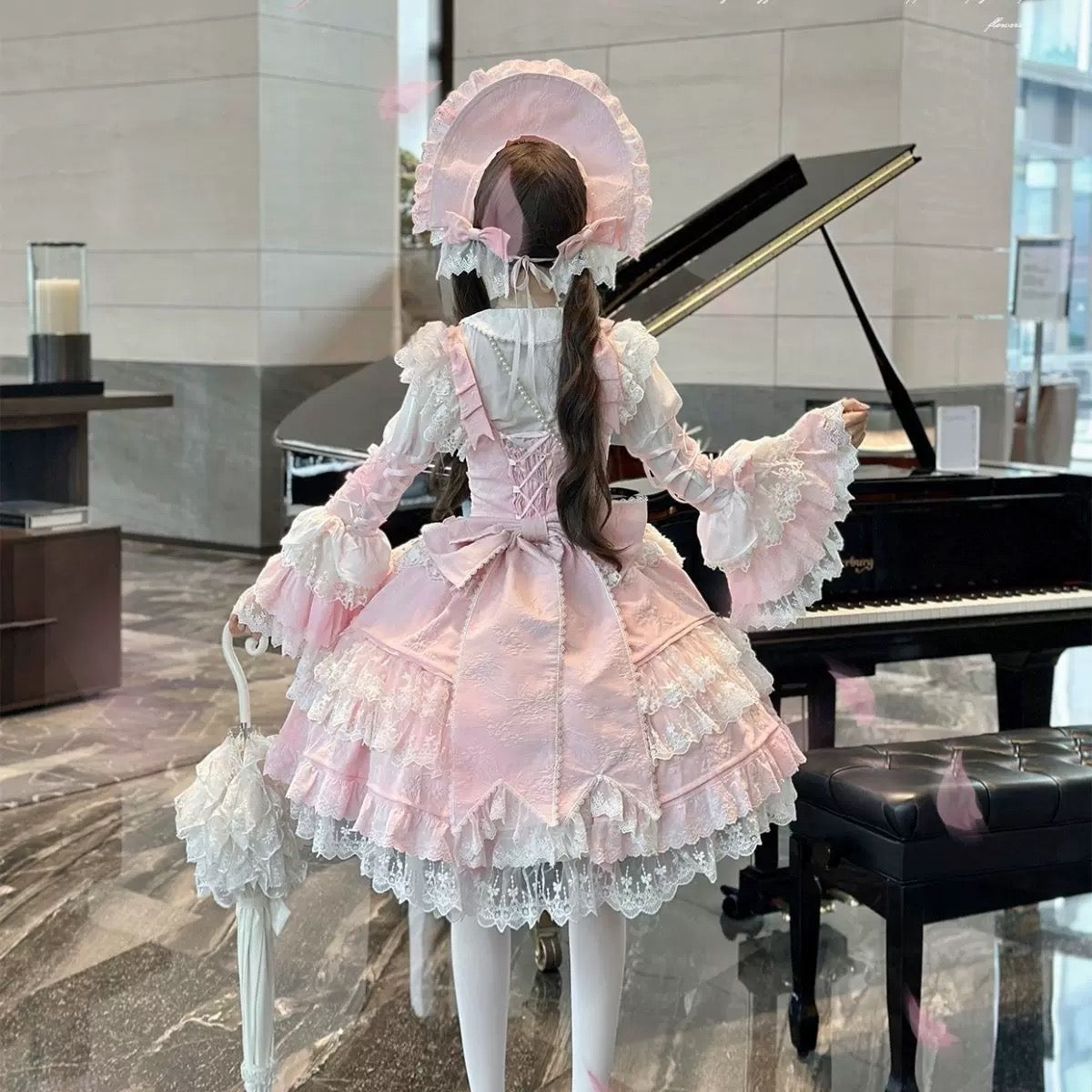 Elegant Pink Lolita Dress with White Blouse & Matching Bonnet