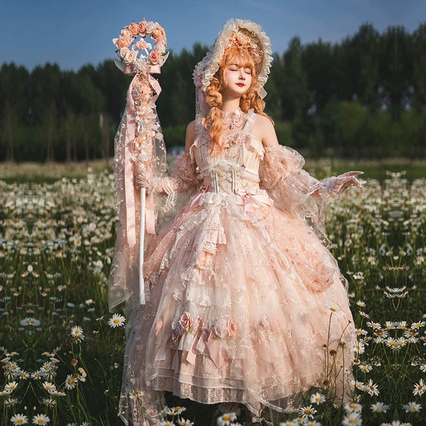 Rococo-Style Pink Plus-Size Dress with Ruffle Trimmings & Lace Details