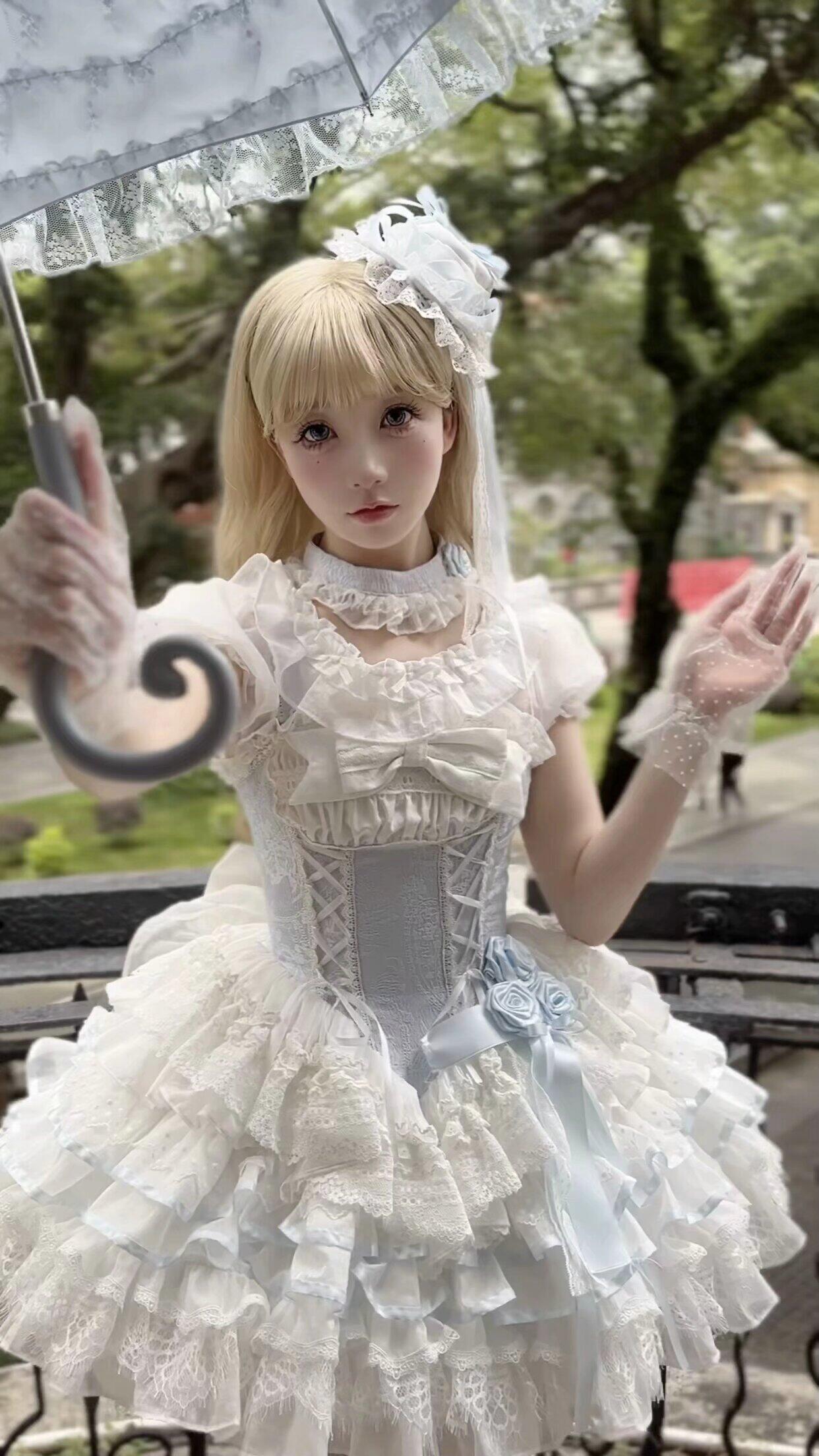 Sweet Lolita Dress with Matching Bonnet – Available in Ivory and Pastel Blue