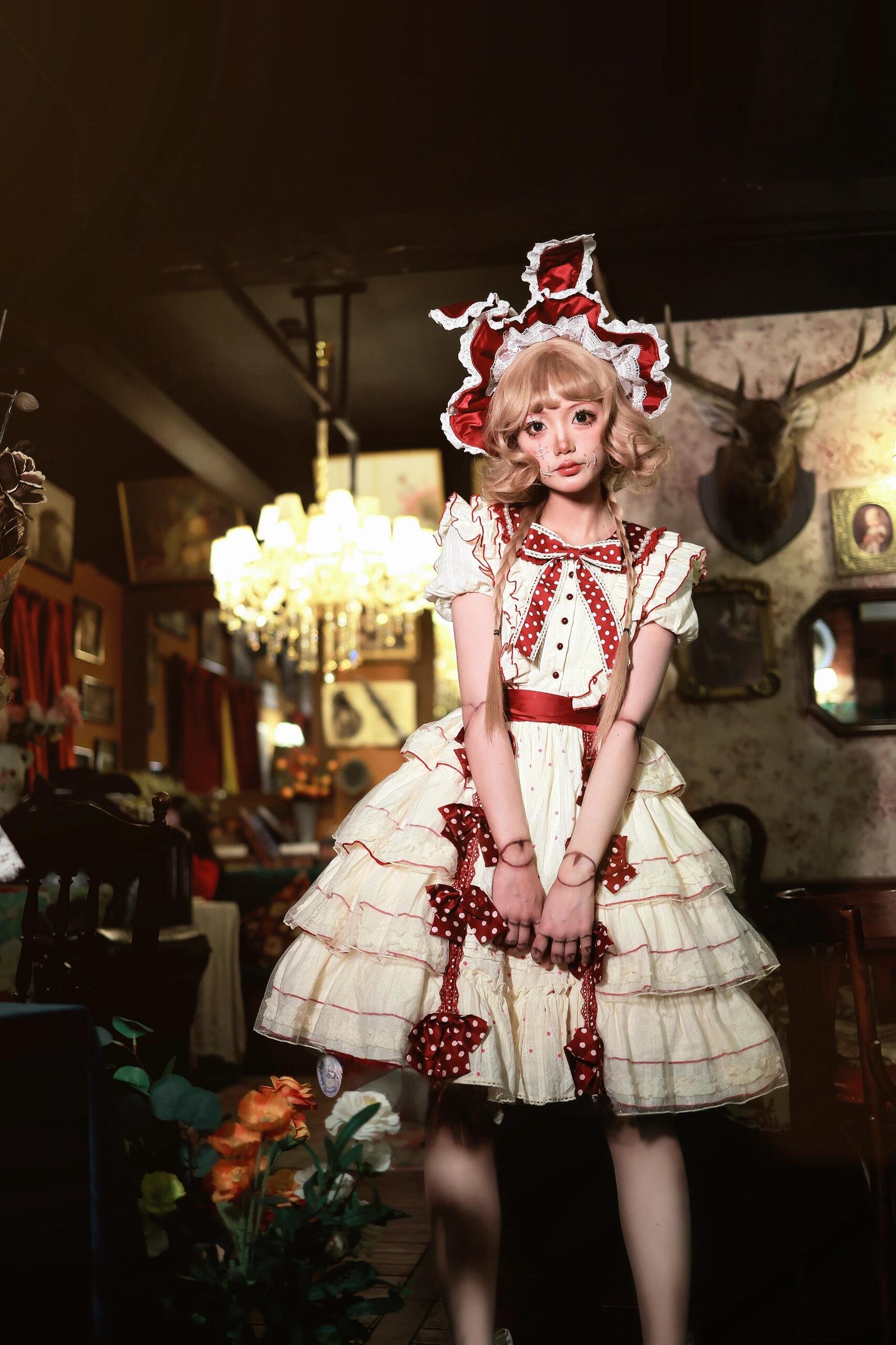Vintage Cream & Burgundy Polka Dot Lolita Dress with Bunny Ear Bonnet