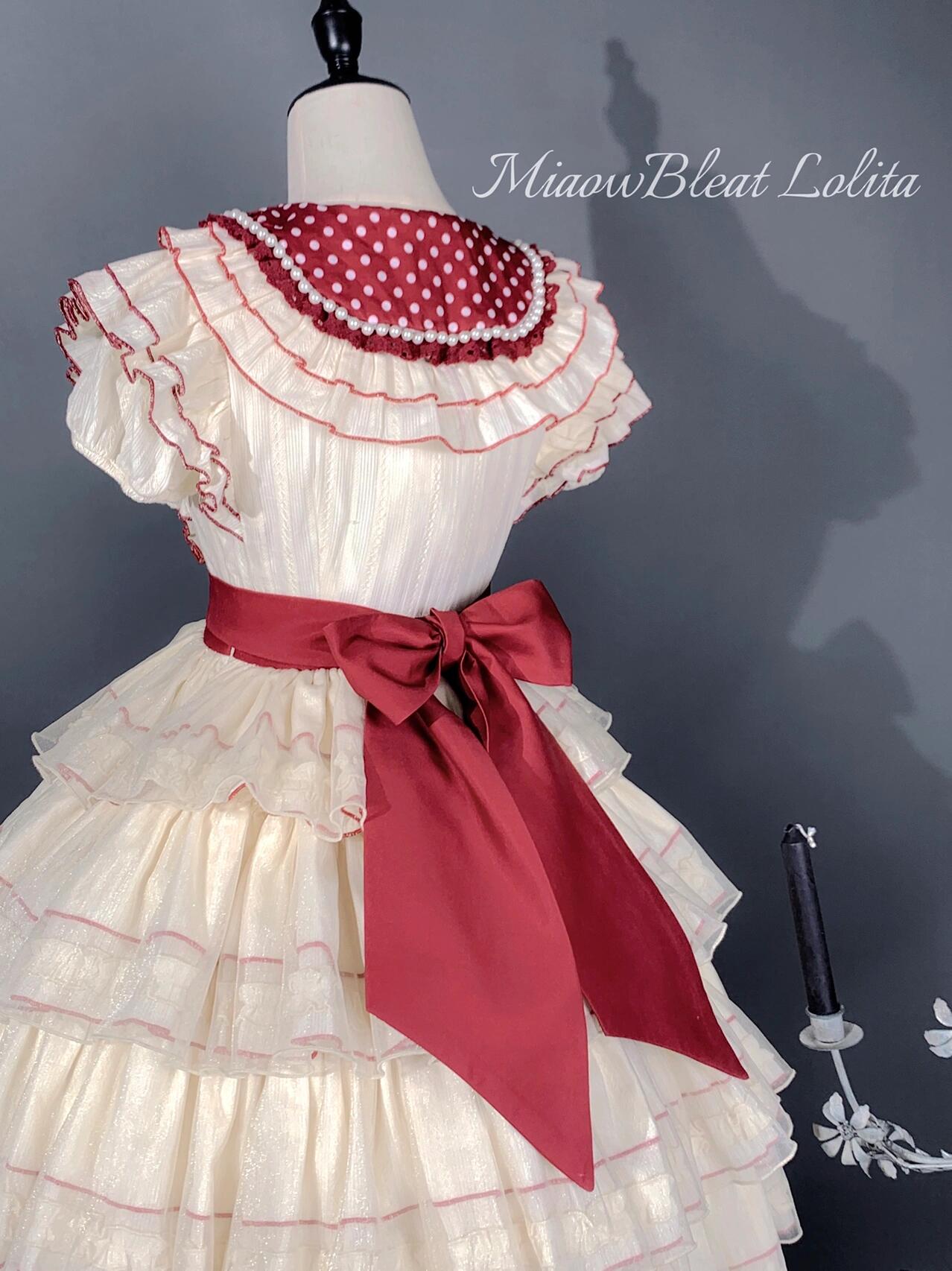 Vintage Cream & Burgundy Polka Dot Lolita Dress with Bunny Ear Bonnet