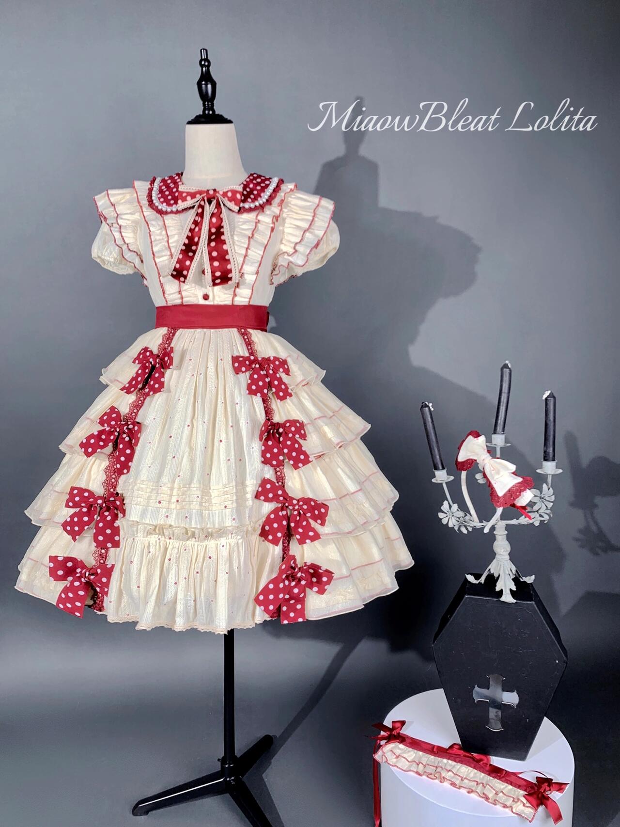 Vintage Cream & Burgundy Polka Dot Lolita Dress with Bunny Ear Bonnet