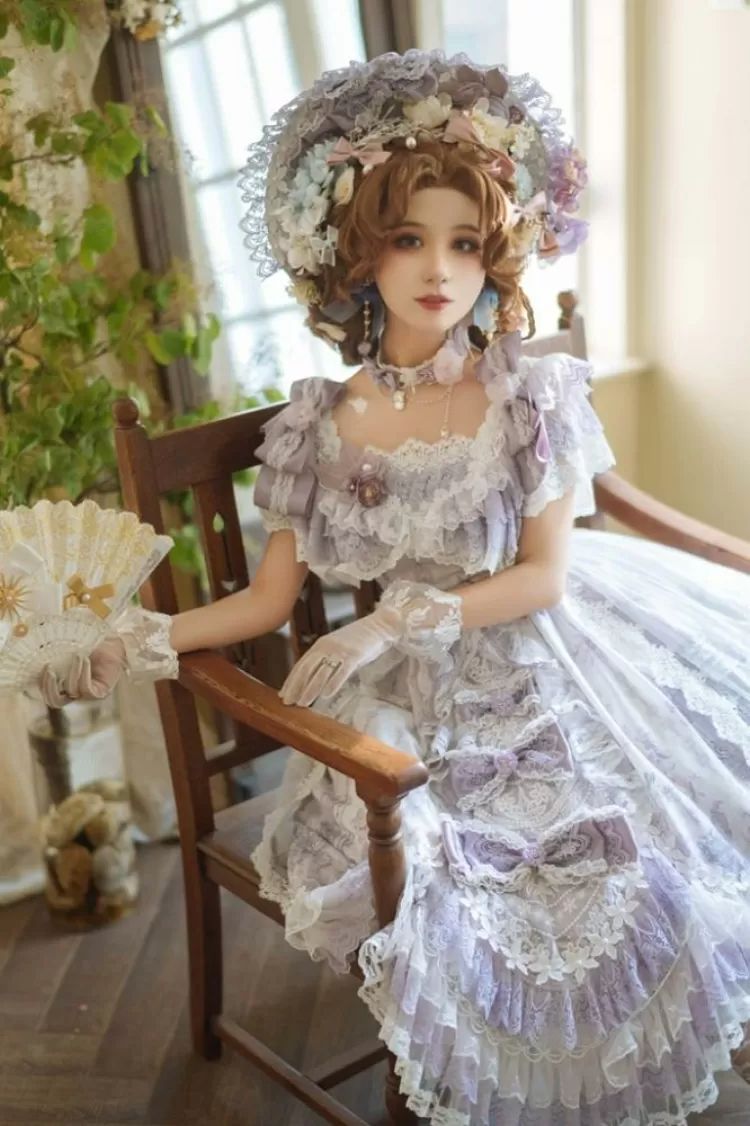 Key to the Fairyland Hime Lolita Dress Purple Flowy Short Lace Sleeves Lolita Dress Full Set - Sukuroi