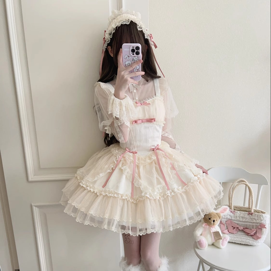 Short Lolita Dress  With Pink Bows Decoration and Ballerina Skirt