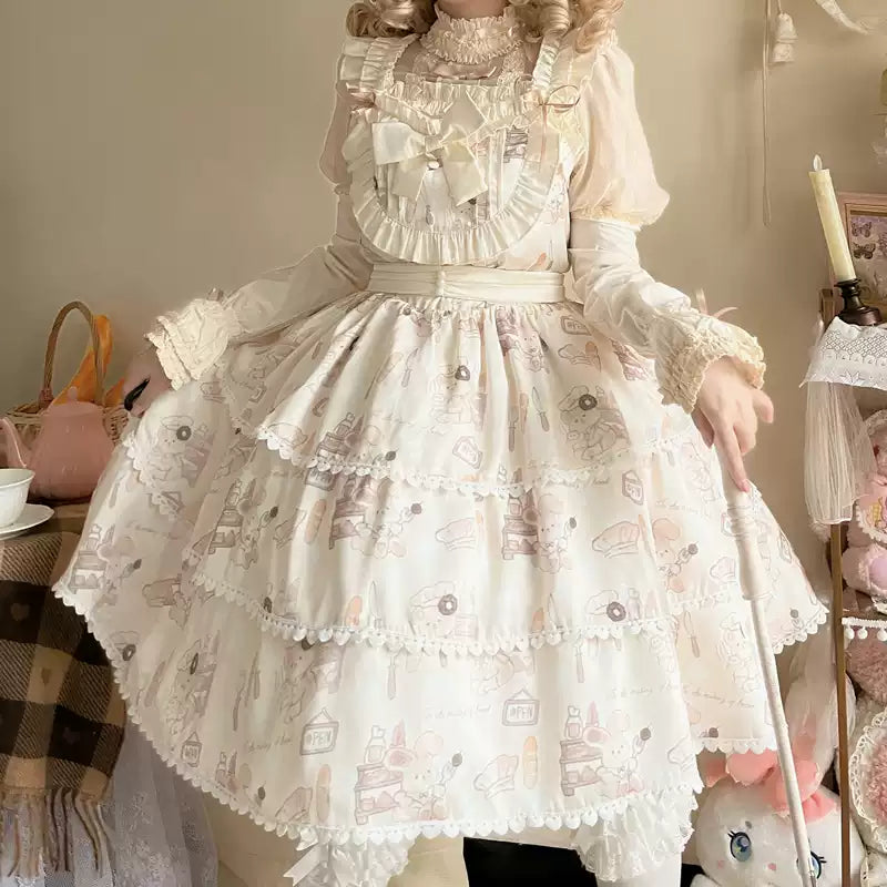 Plus Size Printed Lolita Dress With Puff Sleeves and Tiered Skirt