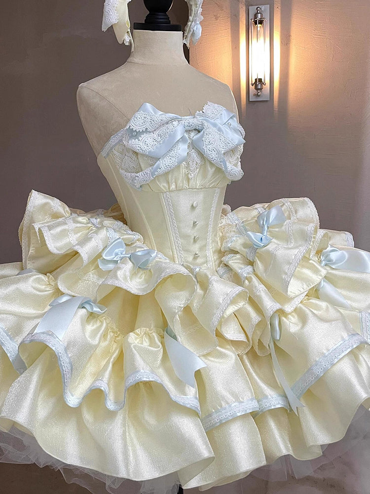 Short Off Shoulder Lolita Dress With Sweetheart Bustier and Tiered Skirt in Pastel Yellow