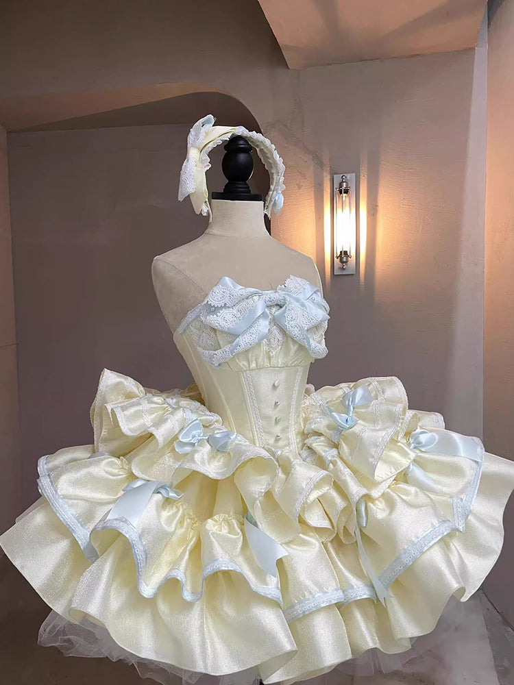 Short Off Shoulder Lolita Dress With Sweetheart Bustier and Tiered Skirt in Pastel Yellow