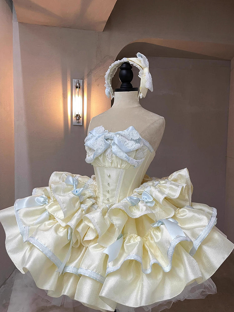 Short Off Shoulder Lolita Dress With Sweetheart Bustier and Tiered Skirt in Pastel Yellow