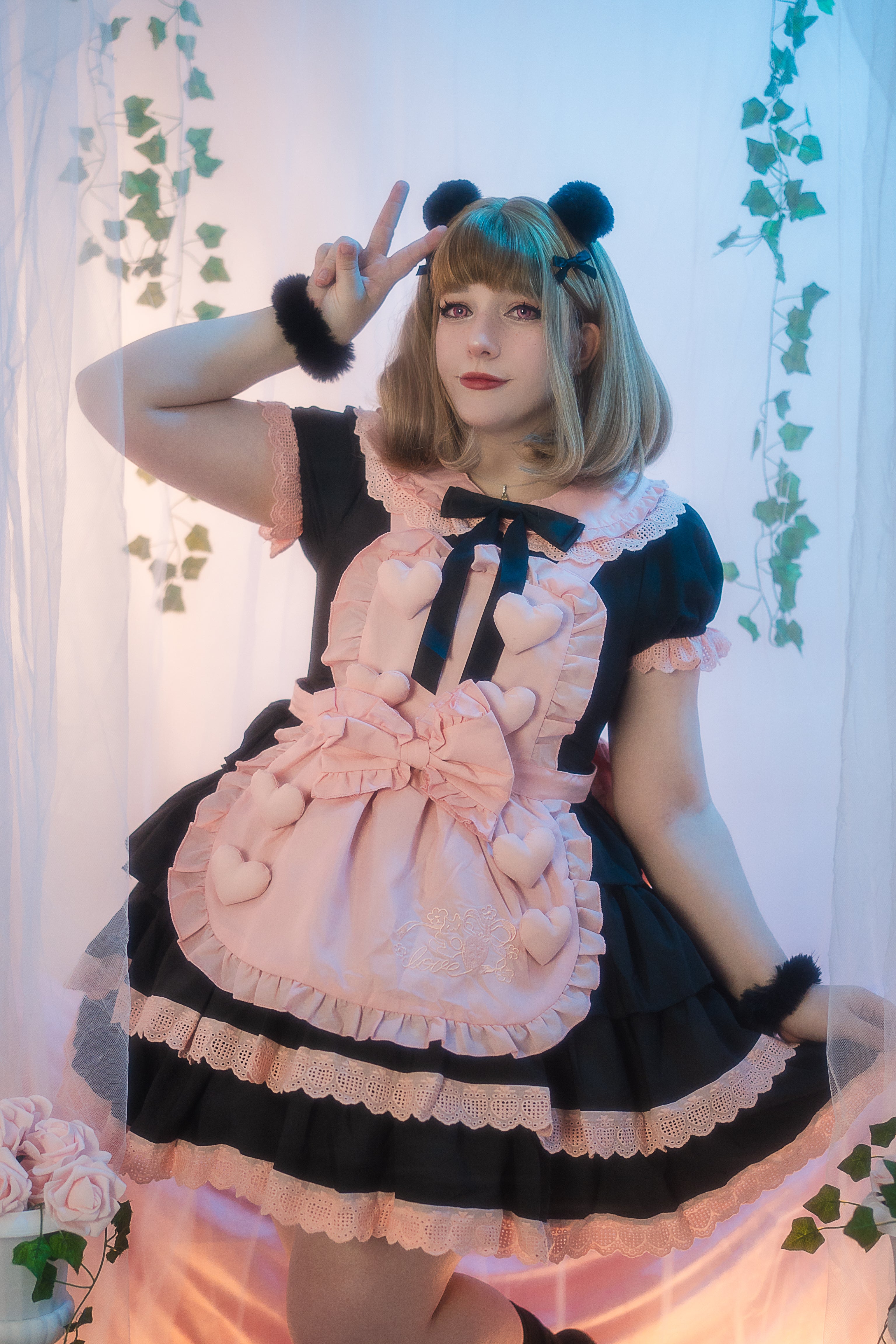 Cute Lolita Maid Dress Black and Pink With Short Sleeve