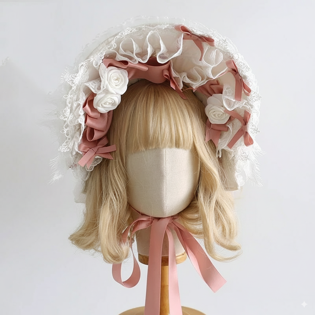 Rosette Ruffles Lace Bonnet