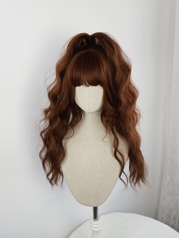 Orange Brown Long Wavy Synthetic Wig With Bangs