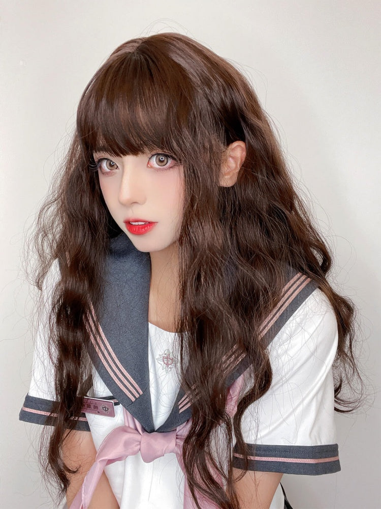 Long Wavy Dark Chocolate Brown Wig with Bangs