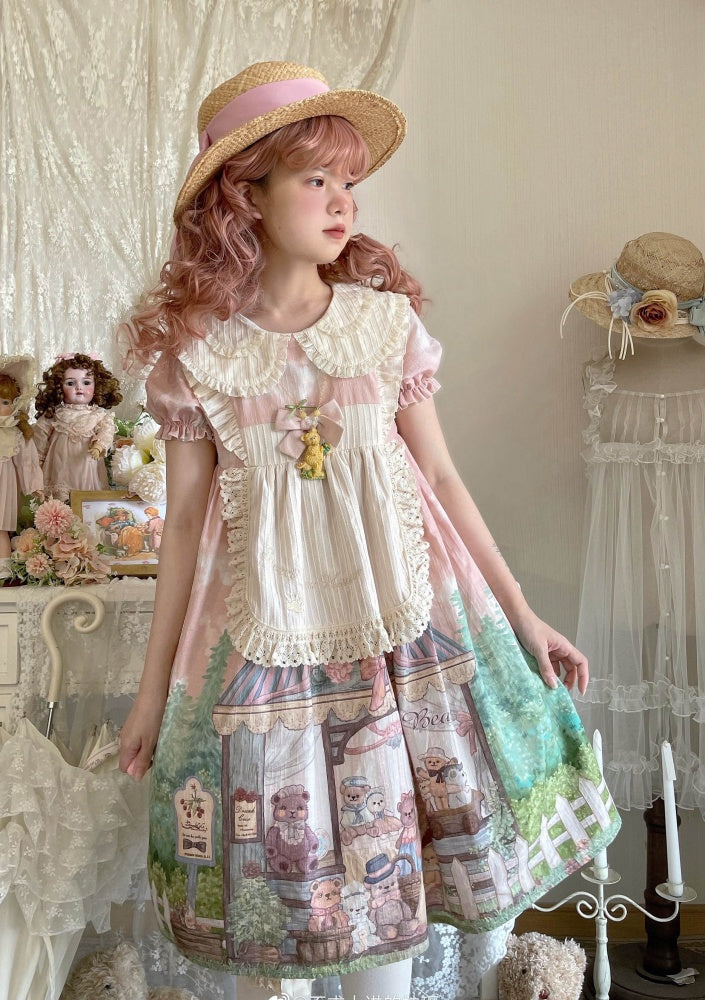 Anniversary Teddy Bear Print Peter Pan Collar Short Puff Sleeves One Piece