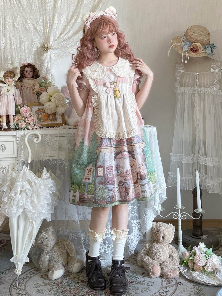 Anniversary Teddy Bear Print Peter Pan Collar Short Puff Sleeves One Piece