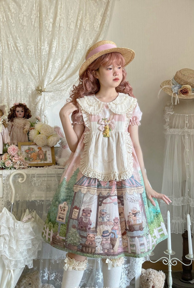 Anniversary Teddy Bear Print Peter Pan Collar Short Puff Sleeves One Piece