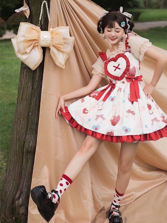 Bear and Strawberry Print Ruffle Trim Heart-shaped Bodice Jumper Skirt