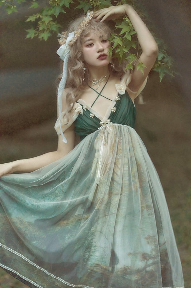 Deep V-neck Empire Waist Forest Fairy Dress