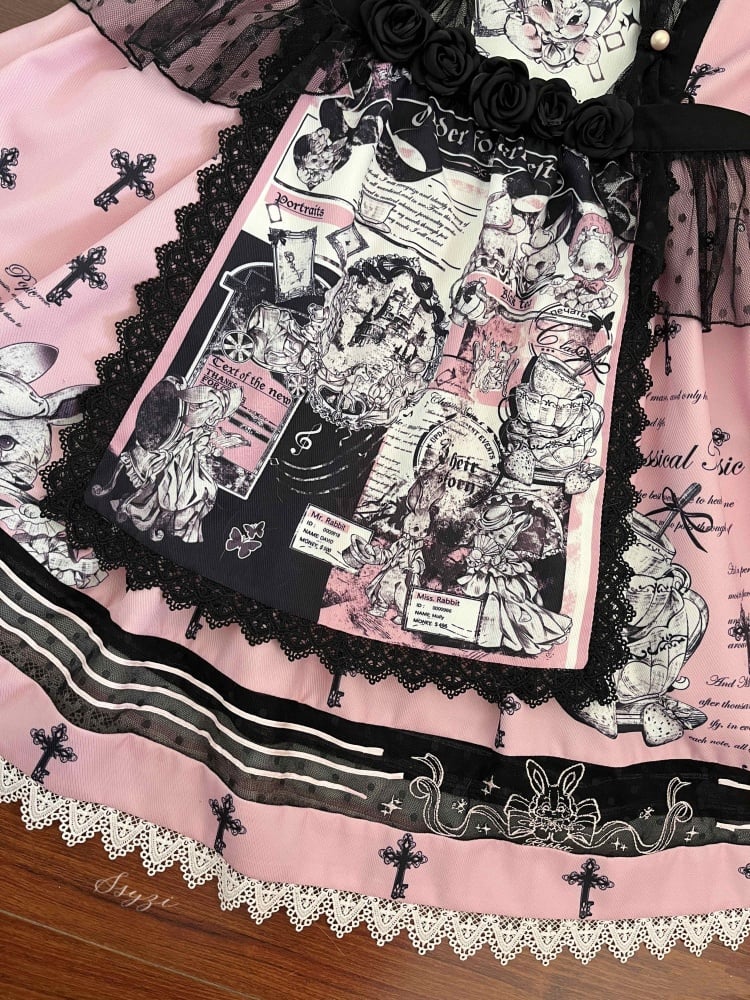 Black and Pink Sweet Bunny Print Jumper Skirt with Detachable Apron - Sukuroi