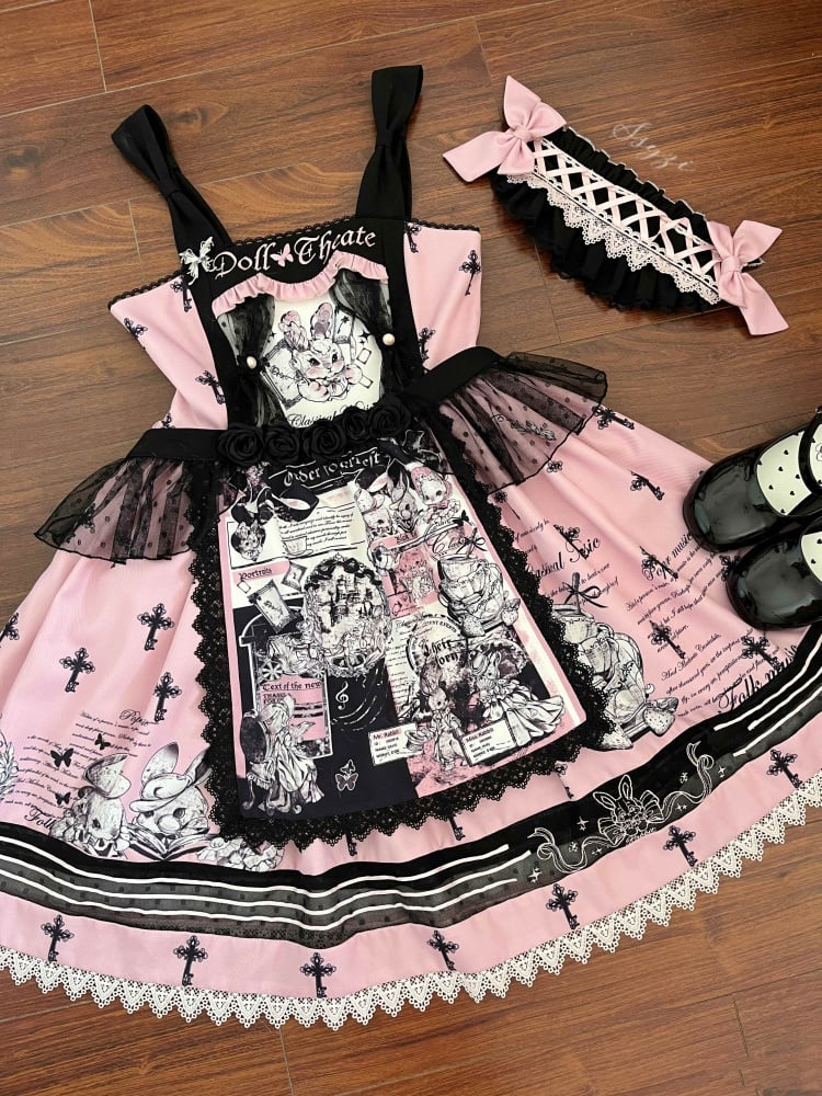 Black and Pink Sweet Bunny Print Jumper Skirt with Detachable Apron - Sukuroi