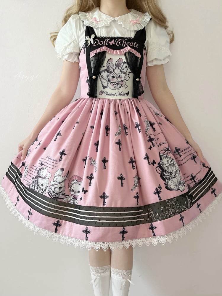 Black and Pink Sweet Bunny Print Jumper Skirt with Detachable Apron - Sukuroi