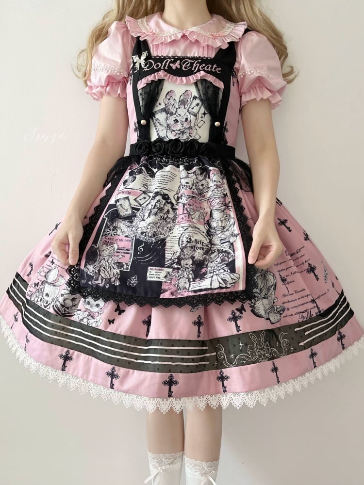 Black and Pink Sweet Bunny Print Jumper Skirt with Detachable Apron - Sukuroi