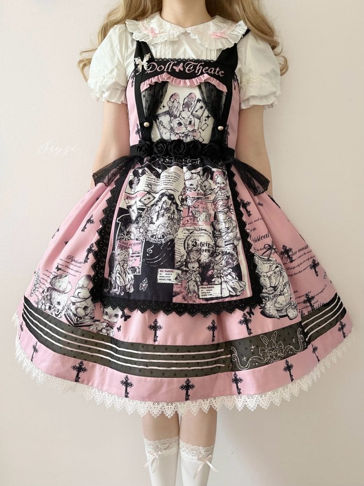 Black and Pink Sweet Bunny Print Jumper Skirt with Detachable Apron - Sukuroi