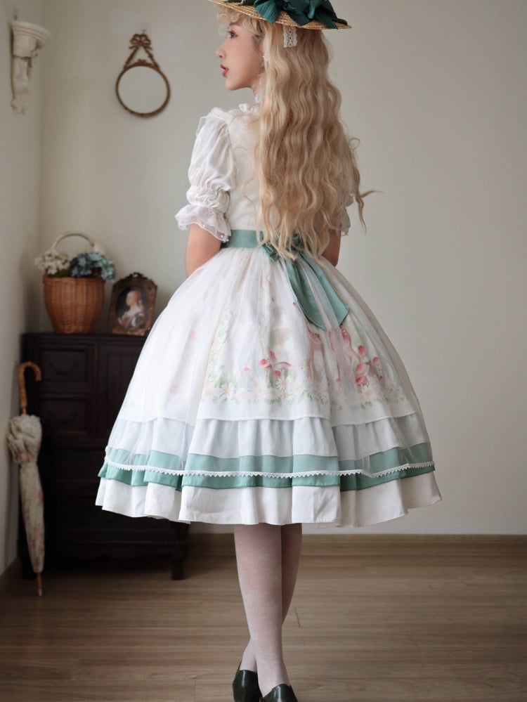 Little World Little Deer Tiered Ruffles Classic Lolita Dress White One Piece/Full set