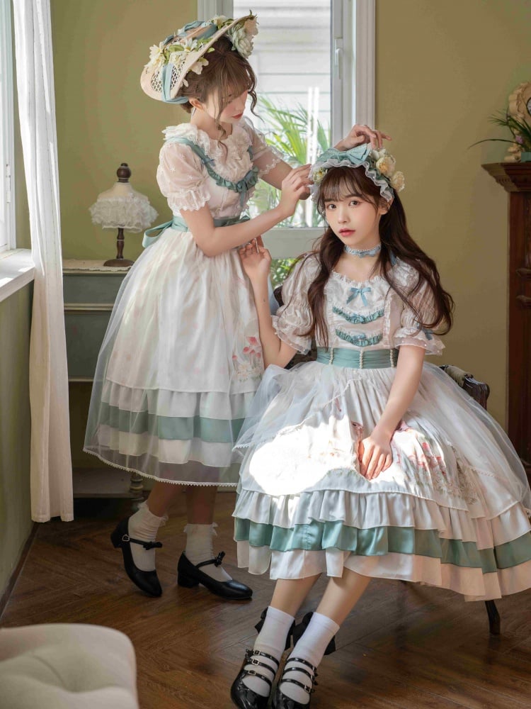 Little World Little Deer Tiered Ruffles Classic Lolita Dress White One Piece/Full set