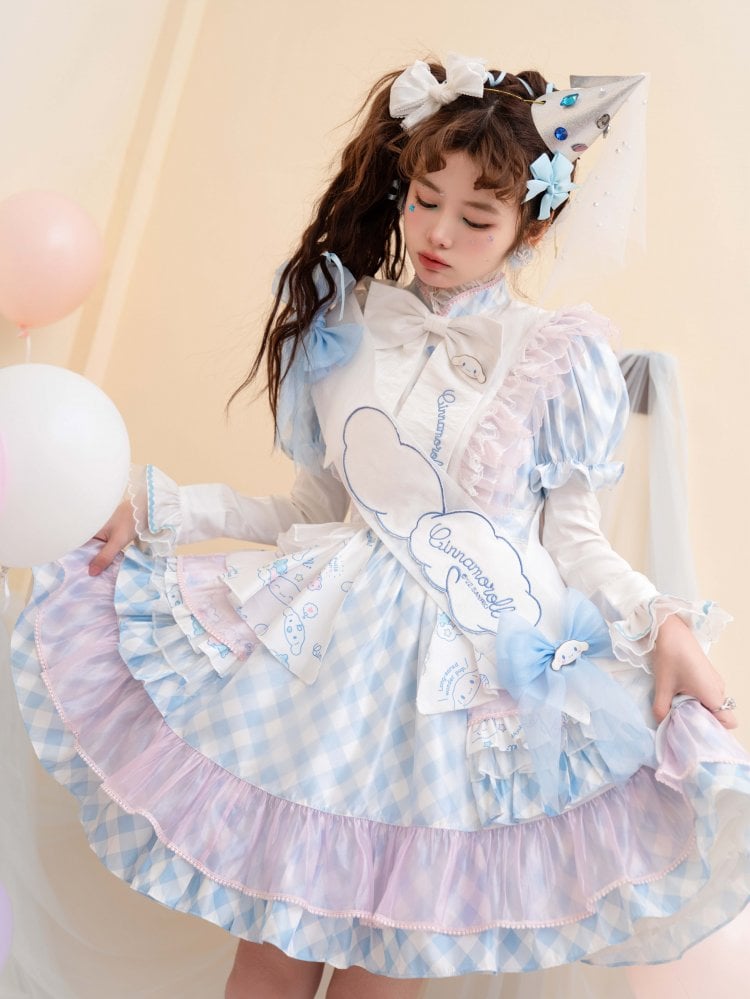 Cinnamoroll Birthday Party Dress Plaid Pattern Cinnamoroll Puppy Print One Piece