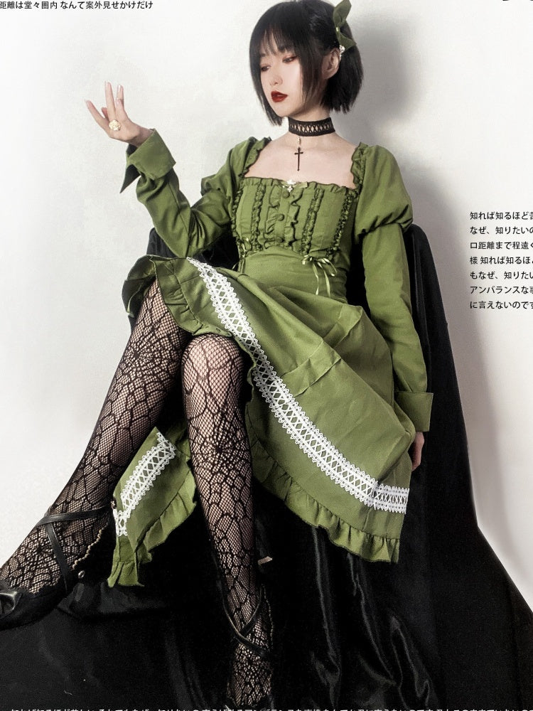 Fog Night Sleep Green Square Neckline Leg-of-mutton Sleeves One Piece