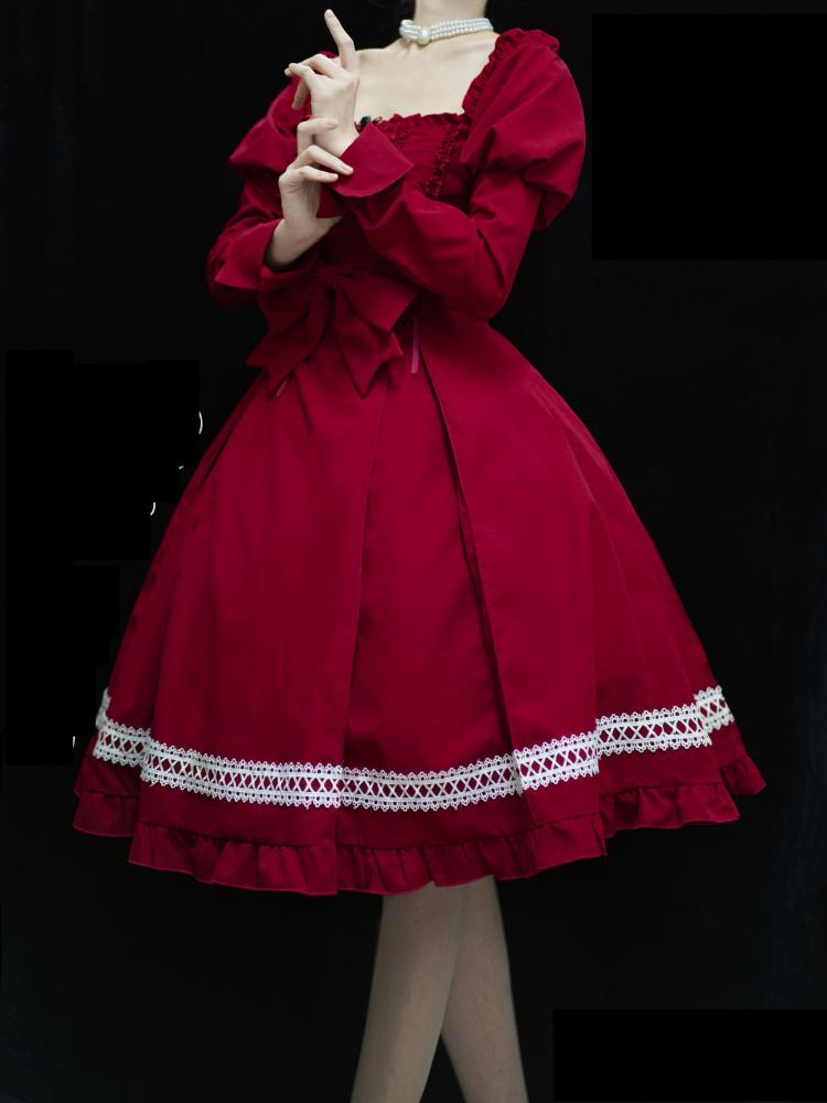 Fog Night Sleep Red Square Neckline Leg-of-mutton Sleeves One Piece