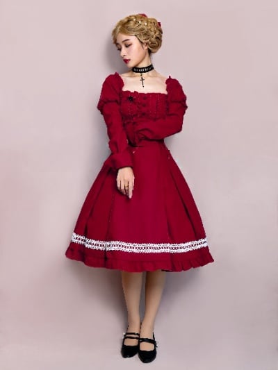 Fog Night Sleep Red Square Neckline Leg-of-mutton Sleeves One Piece