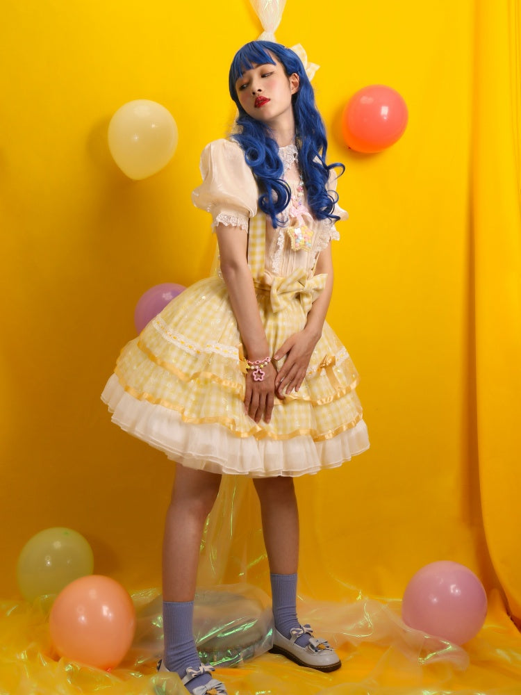 Clearance -Yellow Gingham Pattern Overalls Bowknot Details Hem Size S for Waist 62-70cm